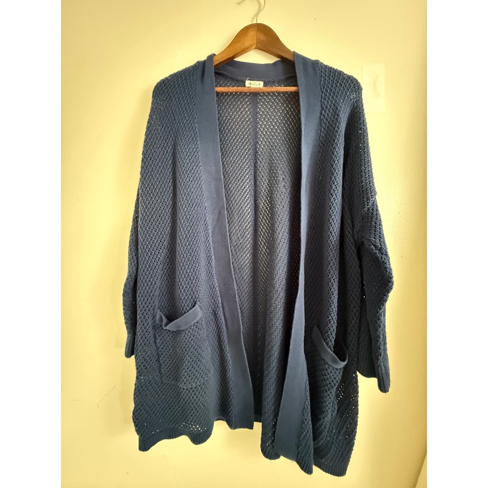 Westport Woman Navy Blue Open Knit Cardigan Sweater Pockets 1X Plus Size